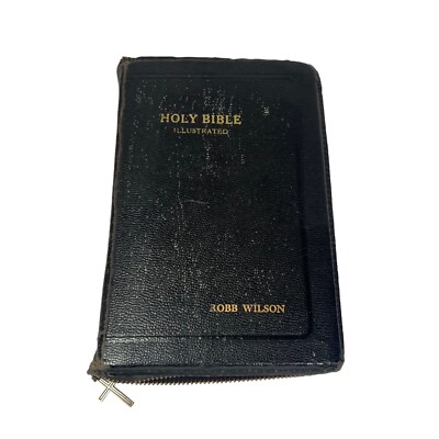 Vintage MCM KJV Holy Bible Illustrated Zip Up Leather w/ Cross World Publishing-image