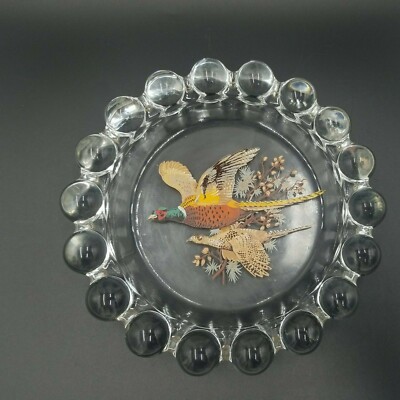 Vintage Westmoreland Glass Pheasant Decal Crystal Ball Ring Ashtray 7.5
