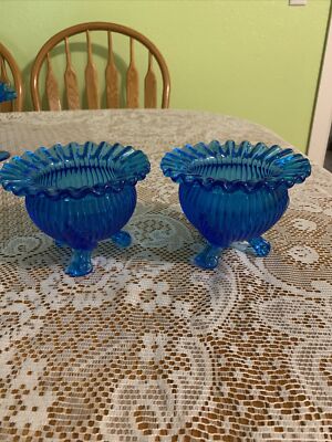 Pair Of 3 Footed Cobalt ribbed compote dishes/ashtray --Excellent Condition-image
