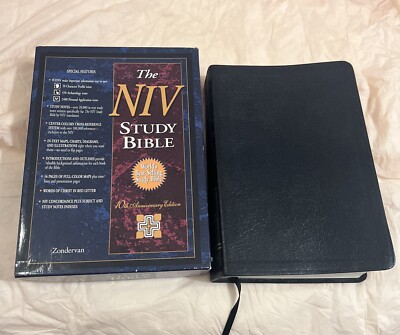 NIV Study BIBLE 1995 Black GENUINE Leather 1995 10th Anniversary Zondervan Box-image
