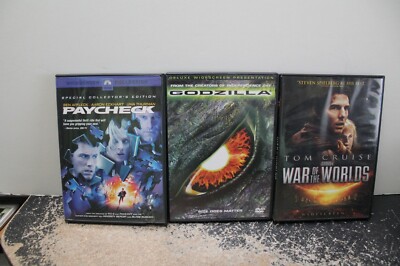 3 action DVDs--Godzilla; War of the Worlds; Paycheck (tested)-image