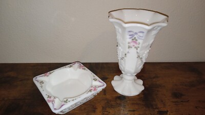 WESTMORLAND MILK GLASS GRAPES WITH HAND-PAINTED RIBBON & ROSES VASE and ASHTRAY -image