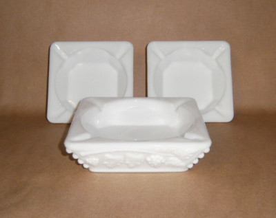 Vintage Westmoreland Milk Glass Grape & Vine Pattern Square Ashtray Set of 3-image