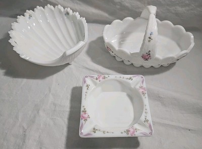 3 Piece Set of Westmoreland Milk Glass Collection Ashtray Basket Shell Floral-image