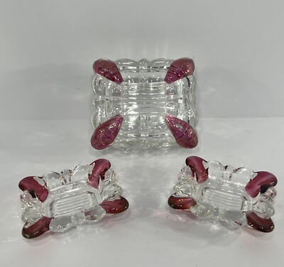 Westmoreland Ruby Red Flashed Glass Cigarette Box Matching Ashtrays Trinket Dish-image