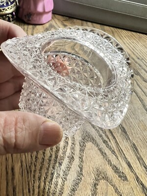 Vtg Diamond Point Cross Crystal Cut Clear Top Hat Ashtray Trinket Vase Toothpick-image