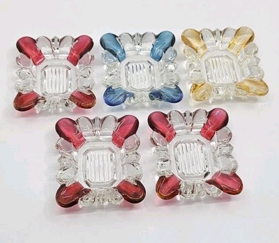 Rare Vintage Westmoreland Ruby Red & Clear Crystal Blue Yellow Ash Tray Trinkets-image