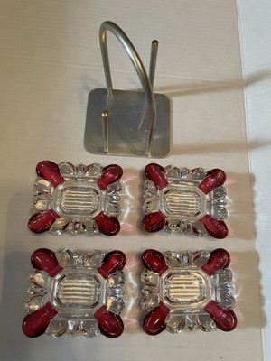 Four Vintage Westmoreland Cranberry Flash and Clear Thumbprint Glass Ashtrays-image