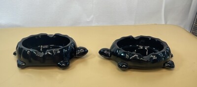 Lot of 2- MCM Westmoreland Glass Turtle Ashtrays Black Glass. 4.5” X 2”-image