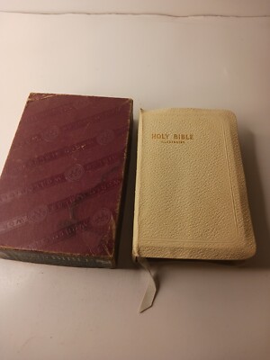 Vintage KJV Holy Bible Young Folks Text Imitation White Leather w/ Box-image