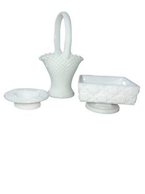 Westmoreland Milk Glass Lot Of 3 Sq Pedestal Dish/Oval Basket/Ashtray (CC)-image