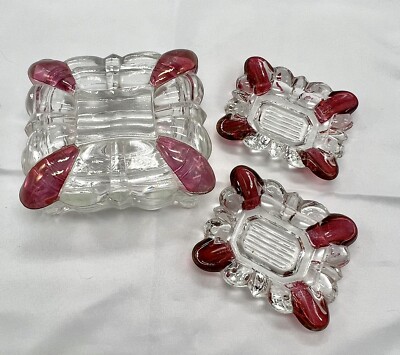 Westmoreland Ruby Red Flashed Glass Cigarette Box Matching Ashtrays Trinket Dish-image