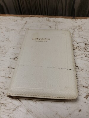 Vintage White Zip Up Leather Bible Illustrated KJV World Publishing Company-image