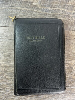 Vintage Holy Bible Illustrated Zip Up Leather w/ Cross World Publishing 1957-image