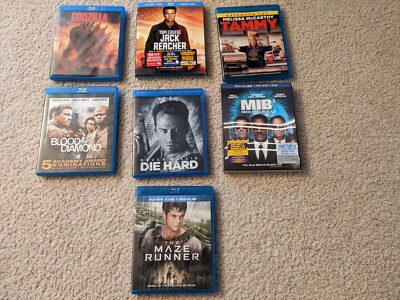 Lot Of 7 Random Blu Ray Bundle, Godzilla, Jack Reacher, Blood Diamond Die Hard +-image