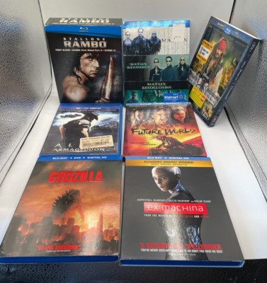 7 Blu Ray Lot Rambo Trilogy Matrix Trilogy Godzilla Ex-Machina Pirates of Caribb-image