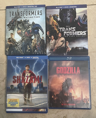 4 Blu-Ray DVD Transformers Extinction & Last Knight Shazam, Godzilla -image