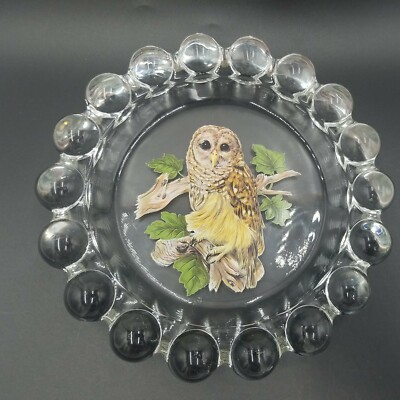Vintage Westmoreland Clear Glass Barred Owl Crystal Ball Ring Ashtray 7 1/2