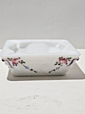 Vintage~Westmoreland Milk Glass~Ash Tray~Hand Painted Roses~3D Grape Leaves-image