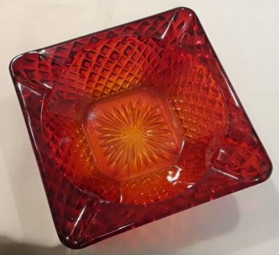 Vintage RUBY RED WESTMORELAND GLASS Square English Hobnail ASHTRAY, Nice!-image