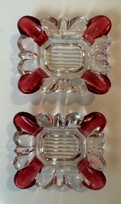 Vintage 1950 Ruby Red Cranberry Lashed & Clear glass Ashtray Lot of 2 FREE Ship-image