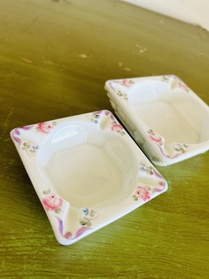 (2) Westmoreland Hand Painted Roses & Ribbon Milk Glass Ashtray-image