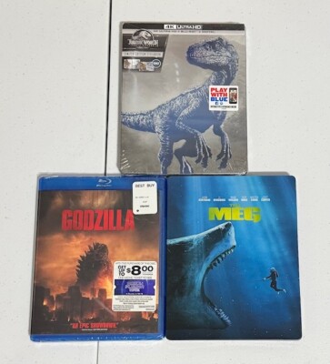 Set of 3 Monster Blurays New Godzilla 2014 - USED Meg 2018 - NEW Fallen Kingdom-image