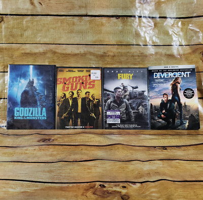 BRAND NEW SEALED - 4 DVD Lot Action - Godzilla, Divergent, Fury, Smoking Guns-image