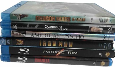 6 (Blu-Ray DVDs) IronMan,DragonWars,PacificRim,QuantumSolace,Godzilla,Am.Psycho-image