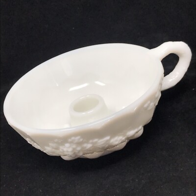 Vintage Westmoreland Glass WG White Milk Glass Round Grape Vine Candle Stick -image