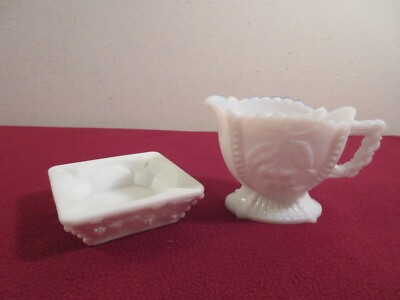 Vintage Westmoreland Set White Milk Glass Paneled Grape Creamer & Ashtray-image