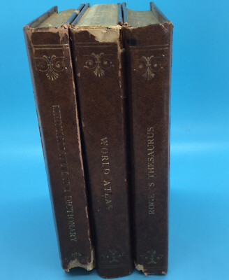 1963 Merriam-Webster Pocket Dictionary, Thesaurus, Atlas Top Grain Cowhide Books-image