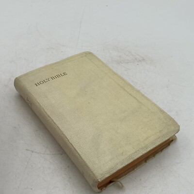 VTG White Leather Cover Holy Bible KJV Collins Iona Clear Type Text - 1957 Print-image