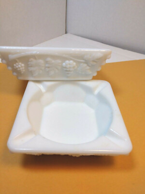 Pair VTG 1970's Westmoreland Milk Glass Cigarette Ashtray Heavy Grape & Vines!-image