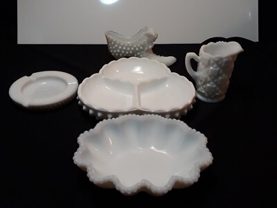 Vintage 2 Pc. Fenton 3pc. Westmoreland Lot Of 5 Pcs Milk Glass  Hobnail-image