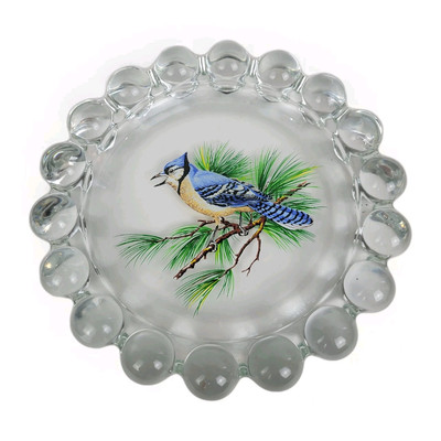 Vtg 80s~Westmoreland Glass Ashtray Blue Jay Bird Decor~Crystal Ball Pattern~7.5
