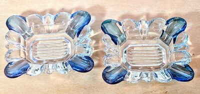 Set Of 2 Vtg Westmoreland Blue Clear Cut Glass Ashtrays Rare 1950s Retro -image