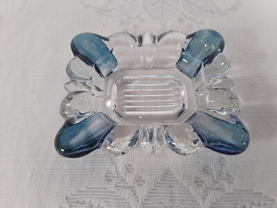 Vintage*WESTMORELAND GLASS*CLEAR TO BLUE CORNERS*4-PORT ASHTRAY*CIGARETTES/CIGAR-image