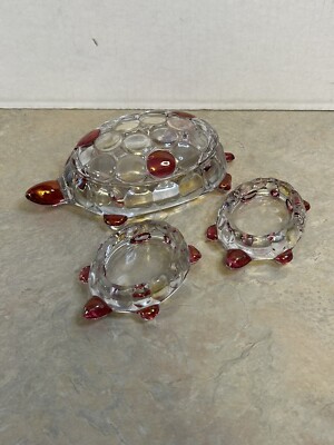 Vtg Red Clear Glass Turtle Cigarette Holder & Ashtray Trinket Dish Set 3-image